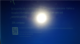 Blue screen error message indicating a problem that requires the computer to restart, with a progress percentage of 20% complete.