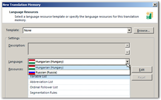 New Translation Memory window in Trados Studio with a dropdown list for Language showing Hungarian (Hungary) selected and options including Russian (Russia) and Segmentation Rules.