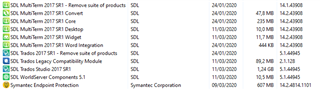 List of installed programs including multiple SDL Trados Studio 2017 components and Symantec Endpoint Protection, with details such as size and installation date.