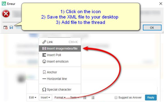 Screenshot of Trados Studio error message with instructions: 1) Click on the icon, 2) Save the XML file to your desktop, 3) Add file to the thread. A red arrow points to the 'Insert ImageVideoFile' option.