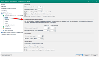 Trados Studio screenshot showing Project Settings with a red error message stating 'Requested minimum fragment match value for AutoSuggest dictionaries is not valid.'