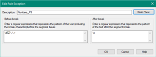 Screenshot of Trados Studio's 'Edit Rule Exception' dialog box with another regular expression entered for before and after break.