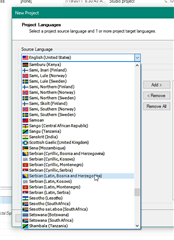 Trados Studio Project Languages window with Source Language dropdown menu open, showing a list of languages including Serbian (Cyrillic, Bosnia and Herzegovina).