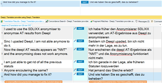 Screenshot of Trados Studio forum post discussing issues with the latest anonymizer and DeepL NMT results not appearing.