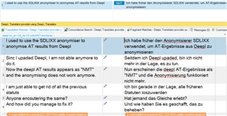 Close-up view of the same Trados Studio forum post highlighting the user's problem with the anonymizer and DeepL NMT.