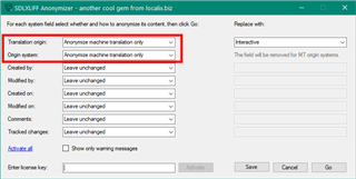 SDLXLIFF Anonymizer settings window showing 'Anonymize machine translation only' selected for 'Translation origin' and 'Origin system'.