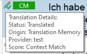 Close-up of Trados Studio segment showing 'Translation Details' with 'Status: Translated', 'Origin: Translation Memory', and 'Provider: test'.