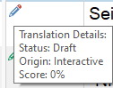 Close-up of Trados Studio segment showing 'Translation Details' with 'Status: Draft' and 'Origin: Interactive'.