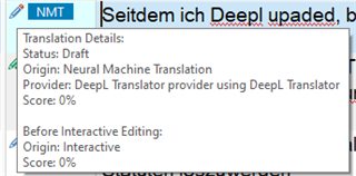 Close-up of Trados Studio segment showing 'Translation Details' with 'Status: Draft', 'Origin: Neural Machine Translation', and 'Provider: DeepL Translator'.