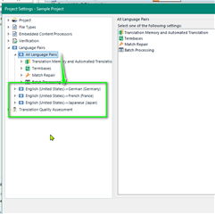 Screenshot of Trados Studio Project Settings showing 'All Language Pairs' and specific language pairs like English to German and English to French.