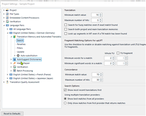 Trados Studio Project Settings with 'All Language Pairs' selected showing default Translation Memory and Automated Translation settings.