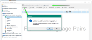 Warning message in Trados Studio asking if the user wants to use alternative translation providers for a specific language pair.