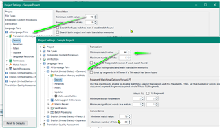 Trados Studio Project Settings for a specific language pair with changed 'Minimum Match Value' setting highlighted, different from the global settings.