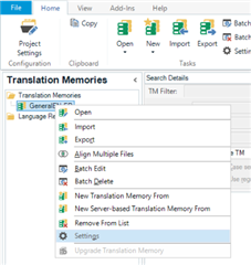 Trados Studio Translation Memories View with options like Open, Import, Batch Edit, and Settings highlighted.
