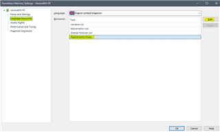 Translation Memory Settings window showing General tab with Language pair English United Kingdom and Segmentation Rules section.