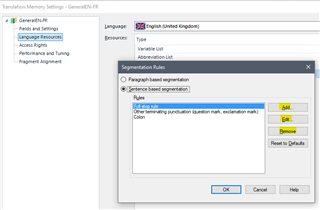 Segmentation Rules dialog box with Sentence based segmentation selected and rules for full stop, colon, and exclamation mark listed.
