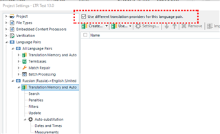 Error message in Trados Studio project settings indicating 'Use different translation providers for this language pair' with a red dashed border around the checkbox.