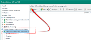 Trados Studio project settings with an arrow pointing to the 'Translation Memory and Automated Translation' section, highlighting the absence of advanced segmentation rules.