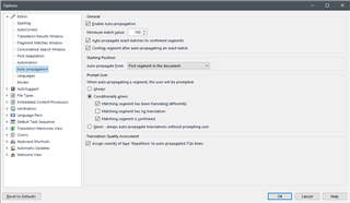 Screenshot of Trados Studio auto-propagation settings window showing options for auto-propagate exact matches, confirm segments after auto-propagation, and others.