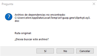 Error message in Trados Studio stating 'Dependency file not found' with a file path and options to search for the file or cancel.