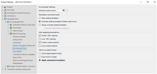 Trados Studio project settings window showing pre-translate settings with options like 'Use translation memory', 'Use machine translation', and 'Apply automated translations' checked.