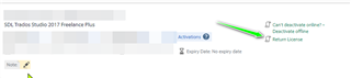 Trados Studio 2017 Freelance Plus activation window showing options to Activate, Deactivate, or Return License with a green checkmark indicating 'Can be used without a license'.