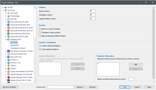 Trados Studio project settings window with Bilingual Excel settings including source, target, and description columns configuration.