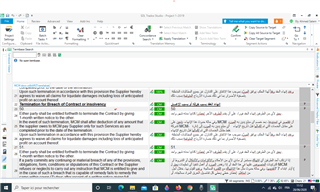 Screenshot of SDL Trados Studio 2019 SR2 with an open translation project. The Editor view displays English text on the left and Arabic translation on the right. No visible errors or warnings.