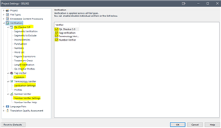 Project settings window in Trados Studio with 'Verification' settings displayed, including options for tag verification and number verification.