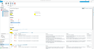 Trados Studio Verify Files Report window showing verification results with warnings and errors listed by file.