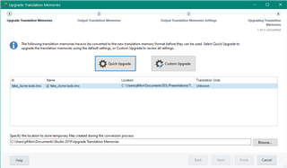 Upgrade Translation Memories window in Trados Studio with options for 'Quick Upgrade' and 'Custom Upgrade'.