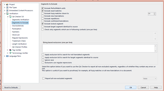 Trados Studio 2019 QA Checker 3.0 settings window showing options to exclude segments such as Perfect Match and Exact Match, with both options checked.