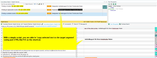 Screenshot of Trados Studio with an open email highlighting a script for AutoHotKey to copy text to target segment using CTRL+ALT+X.