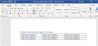 Screenshot of an English input MS Word document showing a table with text 'This is row 1 column 1', 'This is row 1 column 2', 'This is row 1 column 3' in left-to-right format.