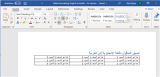Screenshot of an Arabic output MS Word document showing a table with Arabic text translated from English, displayed in right-to-left format.