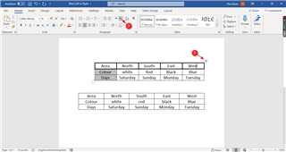 Screenshot of MS Word showing an English table with right-to-left text direction, indicated by red pointer 1.