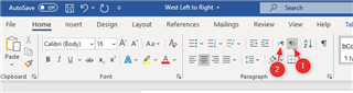 Screenshot of MS Word Home ribbon highlighting the correct left-to-right text direction button with red pointer 2.