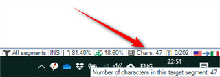 Trados Studio status bar displaying the number of characters in the current target segment: 47.