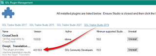 SDL Plugin Management window showing a list of installed plugins for Trados Studio with a red arrow pointing to the DeepL Translation Provider plugin version 4.0.0.0 indicating an issue.