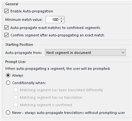 Trados Studio auto-propagation settings with minimum match value set to 100 and options for confirming segments after auto-propagating an exact match.