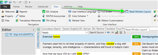 Trados Studio screenshot showing the 'View' tab with an arrow pointing to 'Reset Window Layout' option in the dropdown menu.