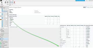 Screenshot of Trados Studio's Work In Progress report window displaying a summary table with columns for Name, Segments, Words, Characters, Placeables, Tags.