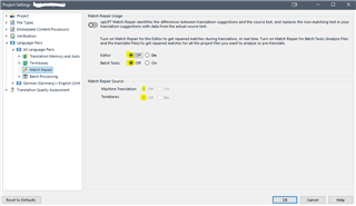 Trados Studio Project Settings window showing Match Repair options with 'Match Repair' and 'Machine Translation' toggled off.