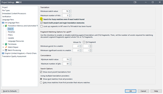 Trados Studio Project Settings window showing Translation Memory and Automated Translation settings with Match Repair option unchecked.