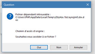 Error dialog box in Trados Studio with message 'Fichier dependant introuvable' indicating a missing file in the Temp folder and options to access the file.
