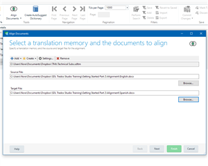Select a translation memory and the documents to align window in SDL Trados Studio with source and target Word files selected.