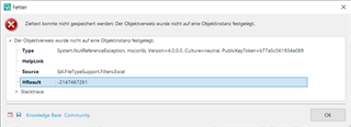 Error message in Trados Studio 2017 SR1 stating 'The object reference was not set to an instance of an object' when saving Excel target file.