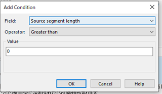 Add Condition dialog box in Trados Studio with fields for Field set to 'Source segment length', Operator set to 'Greater than', and Value set to '0'.