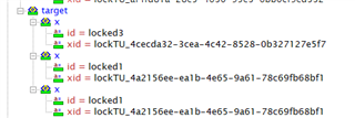 Screenshot of Trados Studio showing an error with locked content in the SDLXLIFF file. The target segment displays multiple 'locked1' placeholders marked with red 'x' symbols indicating issues that need resolution.