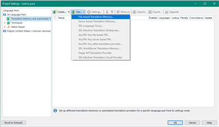 Trados Studio project settings window showing Translation Memory and Automated Translation settings with options like Server Based Translation Memory and SDL Machine Translation Cloud Provider.